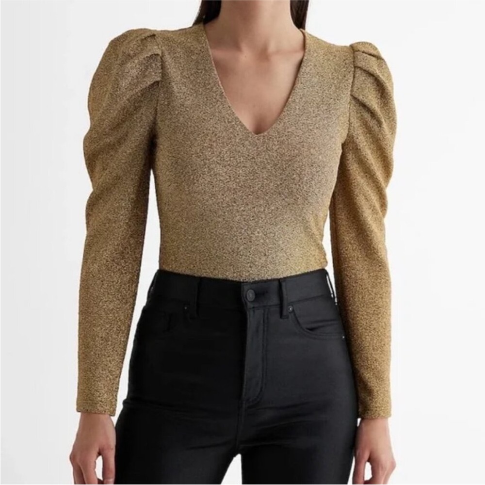 Express Metallic Gold V-Neck Blouse